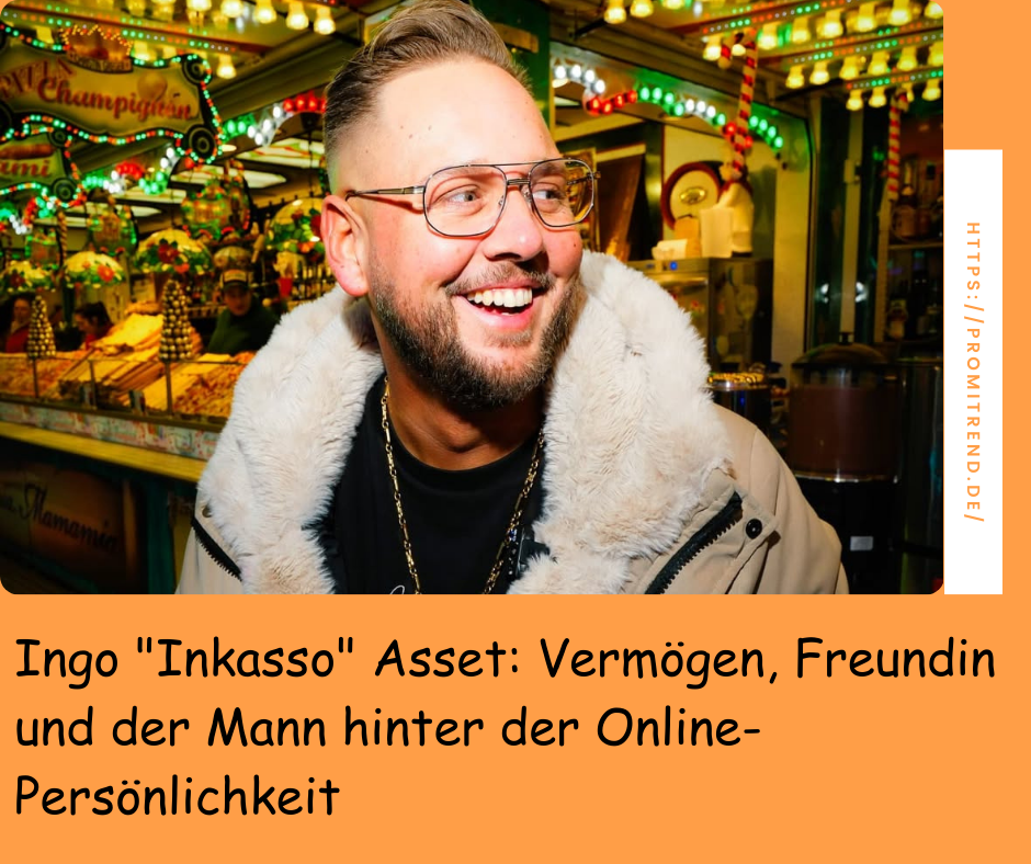 Ein Mann steht vor einem hell erleuchteten Jahrmarktstand. Der Text auf dem Bild lautet: "Ingo 'Inkasso' Asset: Vermögen, Freundin und der Mann hinter der Online-Persönlichkeit".