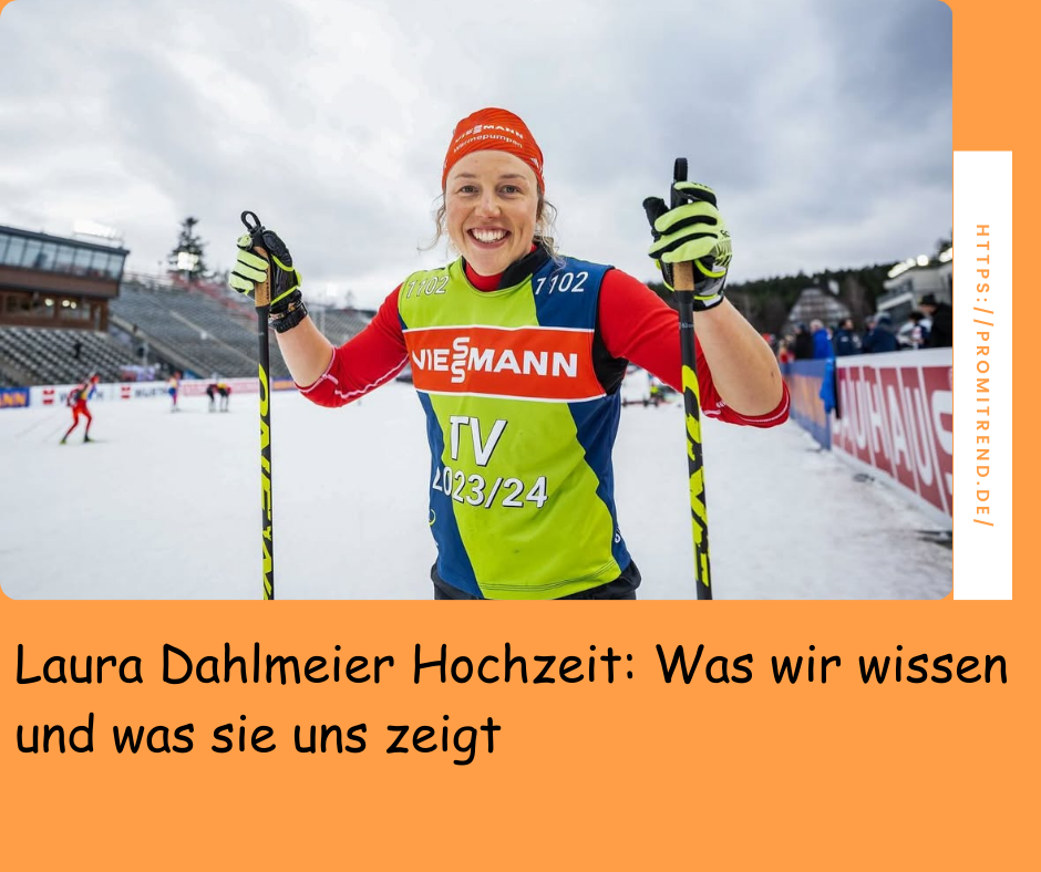 Ein Skilangläufer in roter und grüner Sportkleidung hält Skistöcke und steht auf einer verschneiten Strecke. Im Hintergrund sind weitere Skilangläufer und Tribünen zu sehen. Der Text auf dem Bild lautet: "Laura Dahlmeier Hochzeit: Was wir wissen und was sie uns zeigt".