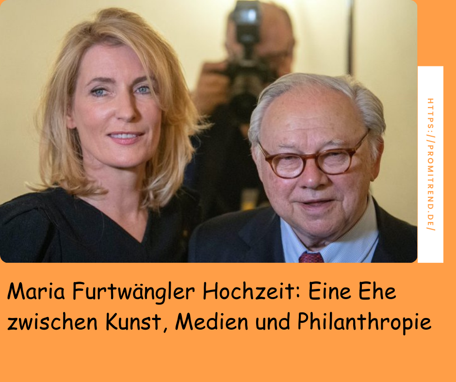 Zwei Personen stehen nebeneinander, beide Gesichter sind verpixelt. Im Hintergrund ist ein Fotograf zu sehen. Unten im Bild steht der Text: "Maria Furtwängler Hochzeit: Eine Ehe zwischen Kunst, Medien und Philanthropie". Rechts ist eine Webseite angegeben: "https://promitrend.de/".