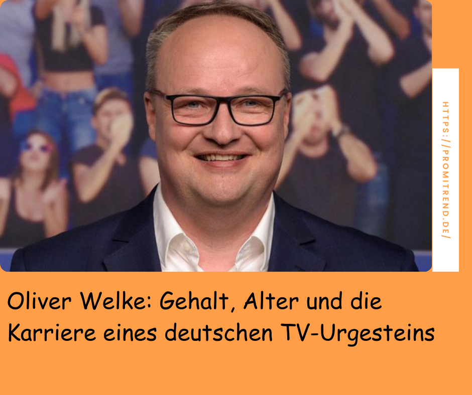 Ein Mann in einem Anzug steht vor einem unscharfen Hintergrund mit applaudierenden Menschen. Rechts ist eine vertikale Leiste mit der URL "https://promitrend.de/" zu sehen. Unten steht der Text: "Oliver Welke: Gehalt, Alter und die Karriere eines deutschen TV-Urgesteins".