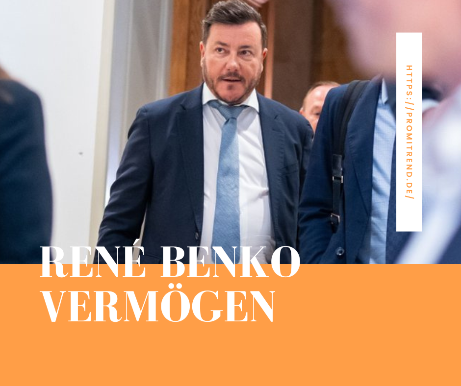 Ein unscharfes Bild eines Mannes im Anzug mit der Aufschrift "RENÉ BENKO VERMÖGEN" in großen weißen Buchstaben auf einem orangefarbenen Hintergrund unten. Rechts steht vertikal "HTTPS://PROMITREND.DE/".