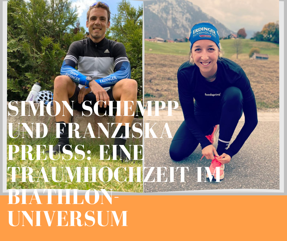 Zwei Sportler in Sportkleidung, einer sitzt auf einem Stein, der andere bindet seine Schuhe. Text: "Simon Schempp und Franziska Preuss: Eine Traumhochzeit im Biathlon-Universum".