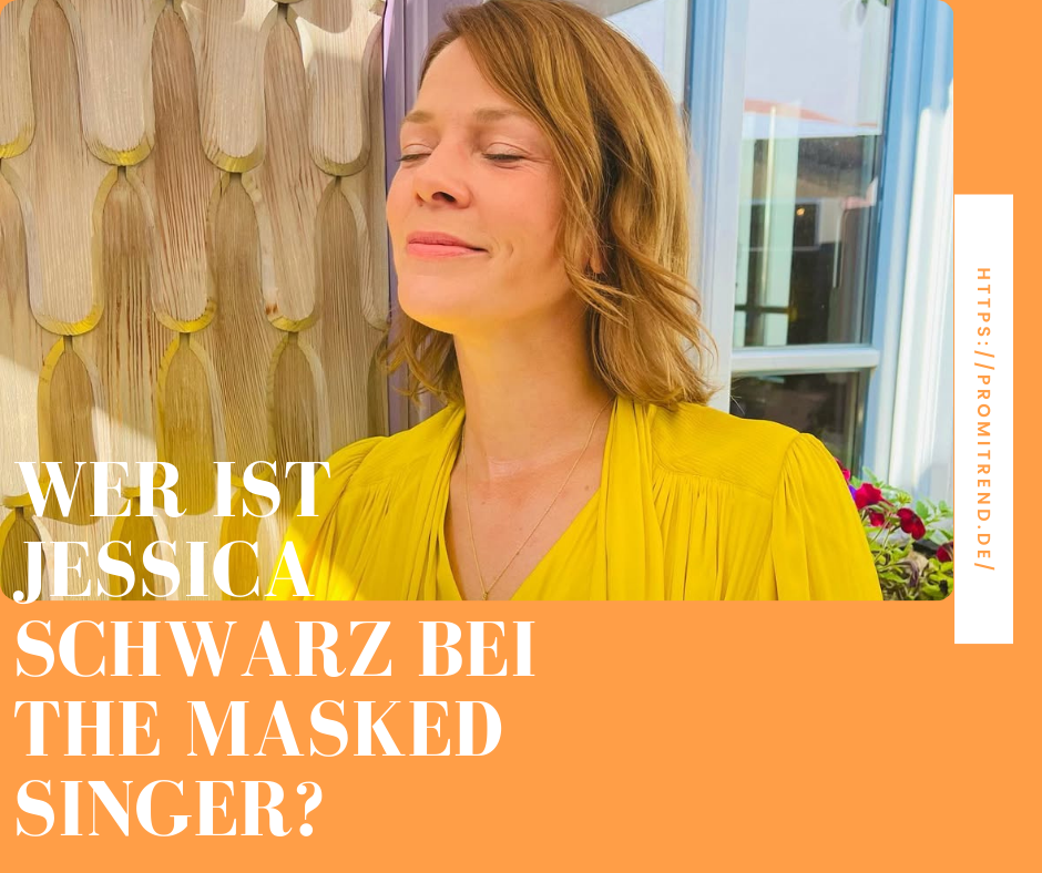 Eine Person in einem gelben Kleid steht vor einer Holzwand. Der Text auf dem Bild fragt: "Wer ist Jessica Schwarz bei The Masked Singer?" und enthält einen Link zu promitrend.de.