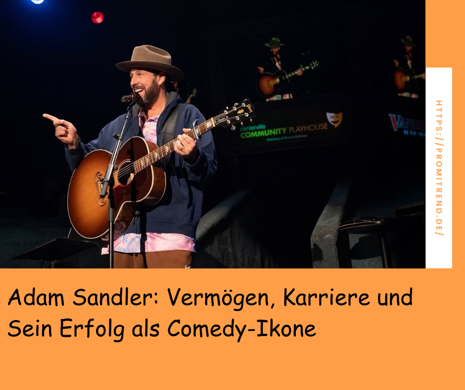 Ein Musiker mit Gitarre auf einer Bühne, im Hintergrund eine Leinwand mit seinem Bild und Text.