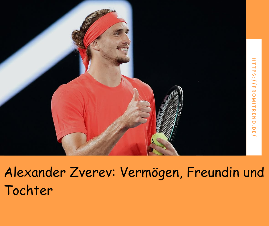 Ein Tennisspieler in rotem Shirt und Stirnband hält einen Tennisschläger und einen Tennisball. Im Vordergrund ist ein Suchfeld mit dem Text "Alexander Zverev: Vermögen, Freundin und Tochter" zu sehen.