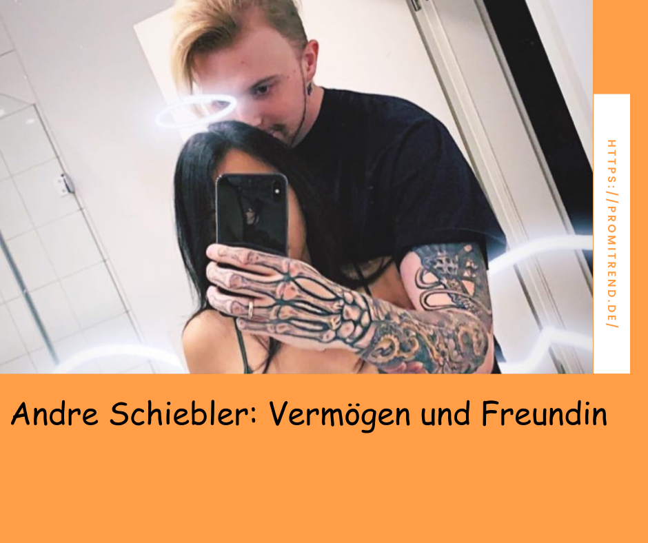 Zwei Personen, eine mit tätowierten Armen, machen ein Selfie im Badezimmer. Ein Suchfenster zeigt den Text "Andre Schiebler: Vermögen und Freundin" und die Webseite "promitrend.de".