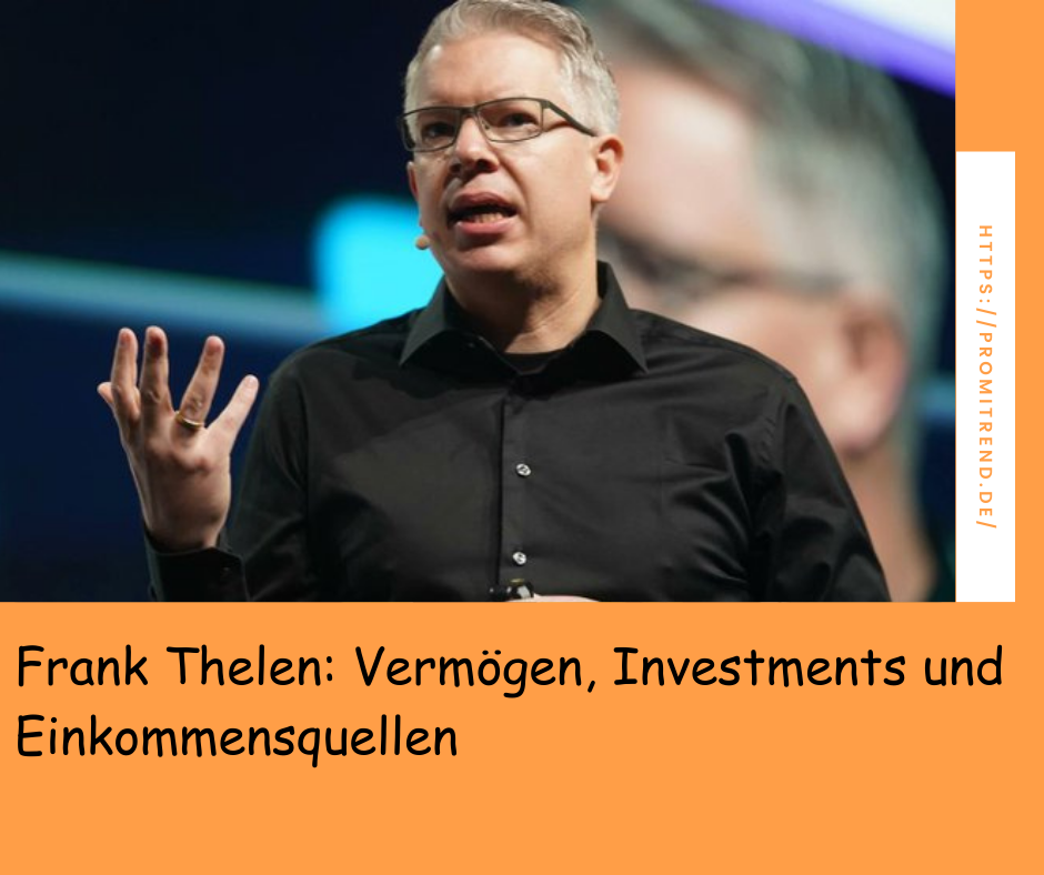 Person in schwarzem Hemd hebt Hand. Text: "Frank Thelen: Vermögen, Investments und Einkommensquellen". Webseite: "https://promitrend.de/".