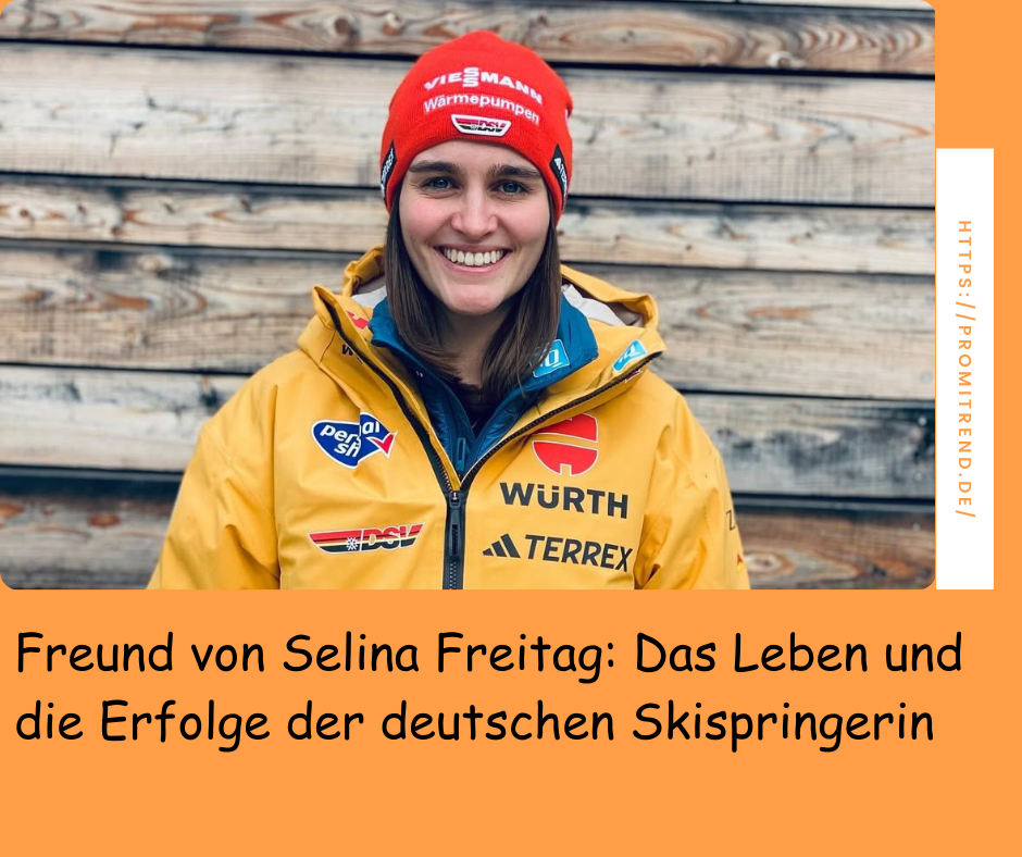 Eine Person in einer gelben Jacke mit verschiedenen Logos, darunter Würth und Adidas Terrex, steht vor einer Holzwand. Der Text auf dem Bild lautet: "Freund von Selina Freitag: Das Leben und die Erfolge der deutschen Skispringerin".