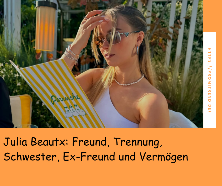 Eine Person hält ein gelb-weiß gestreiftes Menü mit der Aufschrift "Peruche" in der Hand. Im Hintergrund sind Pflanzen und eine Lampe zu sehen. Auf dem Bild steht der Text: "Julia Beautx: Freund, Trennung, Schwester, Ex-Freund und Vermögen".