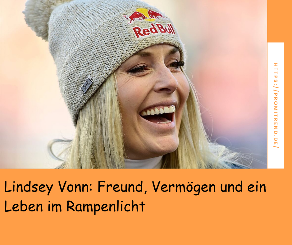 Eine Person mit einer weißen Strickmütze mit dem Red Bull-Logo, der Text "Lindsey Vonn: Freund, Vermögen und ein Leben im Rampenlicht" ist unten im Bild zu sehen.