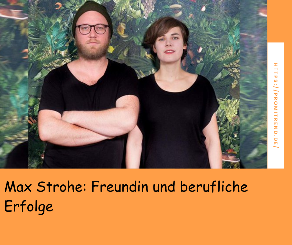 Zwei Personen stehen vor einem Hintergrund mit Pflanzenmuster. Ihre Gesichter sind verpixelt. Ein Suchfeld zeigt den Text "Max Strohe: Freundin und berufliche Erfolge" und die URL "gmsrweb.org".