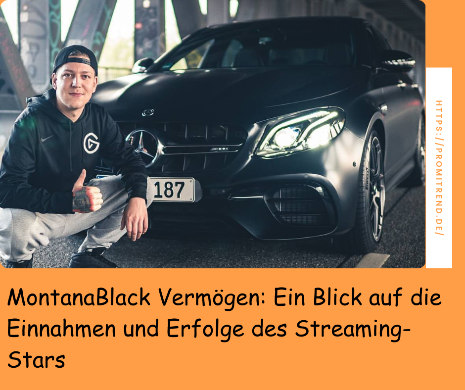 Eine Person in einem schwarzen Hoodie und grauer Jogginghose sitzt vor einem schwarzen Mercedes-Benz mit dem Kennzeichen "187". Der Hintergrund zeigt eine Brücke mit Graffiti. Text auf dem Bild: "MontanaBlack Vermögen: Ein Blick auf die Einnahmen und Erfolge des Streaming-Stars".