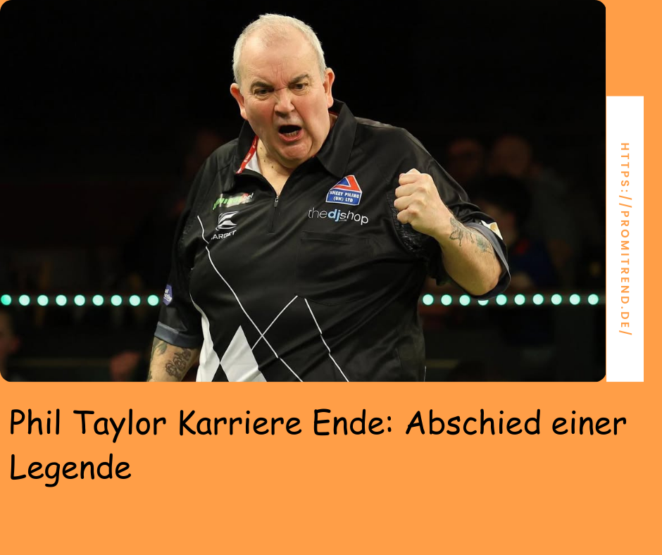 Ein Dartspieler in einem schwarzen Trikot mit Sponsorenlogos hebt die Faust in einer Siegesgeste. Der Text auf dem Bild lautet: "Phil Taylor Karriere Ende: Abschied einer Legende".