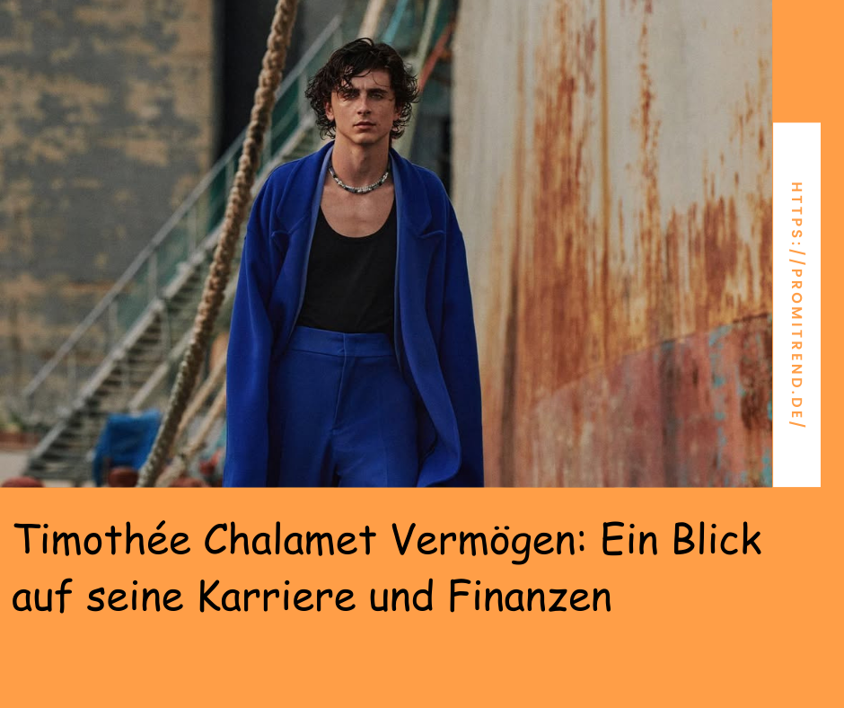 Eine Person in einem blauen Anzug steht vor einer rostigen Wand. Der Text auf dem Bild lautet: "Timothée Chalamet Vermögen: Ein Blick auf seine Karriere und Finanzen".