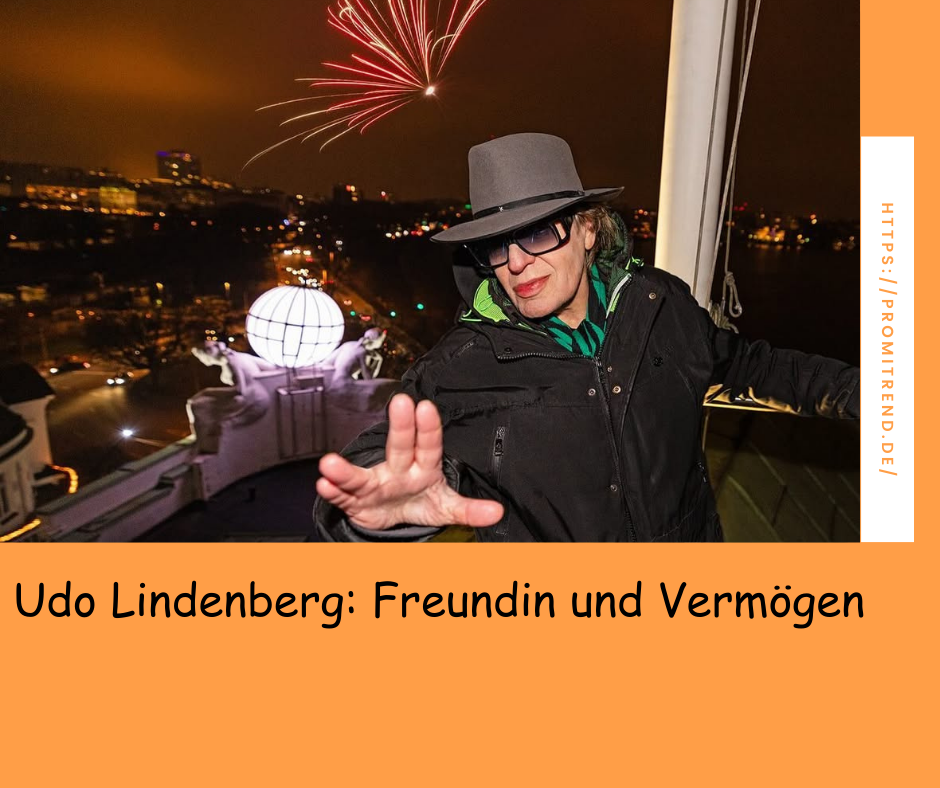 Eine Person mit verdecktem Gesicht steht auf einem Balkon bei Nacht, im Hintergrund sind Feuerwerkskörper und eine beleuchtete Kugel zu sehen. Der Text auf dem Bild lautet: "Udo Lindenberg: Freundin und Vermögen".