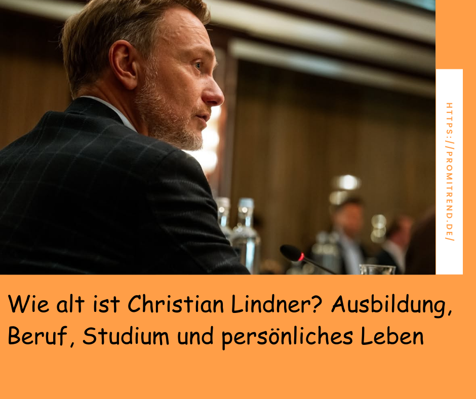 Ein Mann in einem Anzug sitzt mit dem Rücken zur Kamera in einem Konferenzraum. Der Text auf dem Bild fragt nach dem Alter, der Ausbildung, dem Beruf, dem Studium und dem persönlichen Leben von Christian Lindner.