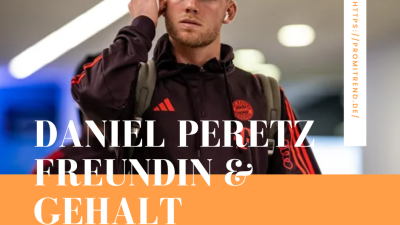 Eine Person in einer schwarzen und roten Sportjacke mit unscharfem Gesicht, trägt einen Rucksack. Der Text lautet "Daniel Peretz Freundin & Gehalt" und "https://promitrend.de/".