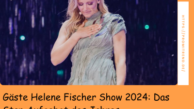 Eine Person mit langen blonden Haaren steht auf einer Bühne und hält eine Hand auf die Brust. Der Hintergrund ist dunkel mit leuchtenden Punkten. Der Text auf dem Bild lautet: "Gäste Helene Fischer Show 2024: Das Star-Aufgebot des Jahres".