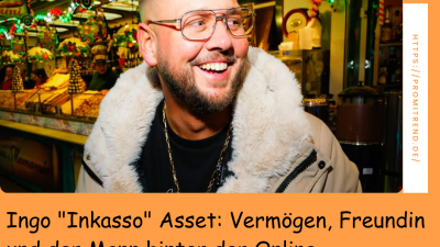 Ein Mann steht vor einem hell erleuchteten Jahrmarktstand. Der Text auf dem Bild lautet: "Ingo 'Inkasso' Asset: Vermögen, Freundin und der Mann hinter der Online-Persönlichkeit".