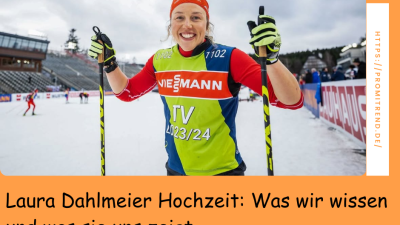 Ein Skilangläufer in roter und grüner Sportkleidung hält Skistöcke und steht auf einer verschneiten Strecke. Im Hintergrund sind weitere Skilangläufer und Tribünen zu sehen. Der Text auf dem Bild lautet: "Laura Dahlmeier Hochzeit: Was wir wissen und was sie uns zeigt".