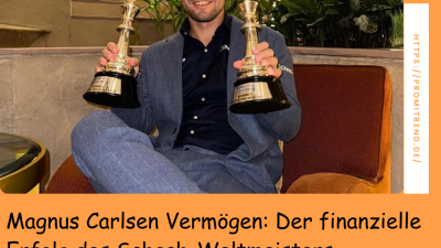 Eine Person in einem blauen Anzug sitzt auf einem Sessel und hält zwei Schachfiguren-Trophäen. Im Hintergrund sind Pflanzen und Vasen zu sehen. Text: "Magnus Carlsen Vermögen: Der finanzielle Erfolg des Schach-Weltmeisters".