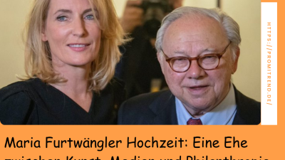 Zwei Personen stehen nebeneinander, beide Gesichter sind verpixelt. Im Hintergrund ist ein Fotograf zu sehen. Unten im Bild steht der Text: "Maria Furtwängler Hochzeit: Eine Ehe zwischen Kunst, Medien und Philanthropie". Rechts ist eine Webseite angegeben: "https://promitrend.de/".