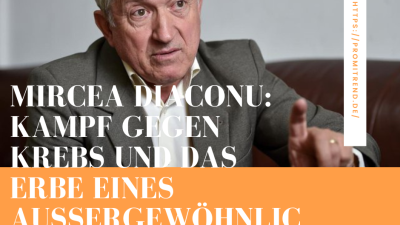 Ein Mann in einem grauen Anzug sitzt auf einem Sofa und gestikuliert mit der rechten Hand. Der Text auf dem Bild lautet: "Mircea Diaconu: Kampf gegen Krebs und das Erbe eines außergewöhnlichen Lebens". Rechts im Bild steht eine URL: "https://promitrend.de/".