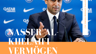 Ein Mann im Anzug spricht bei einer Pressekonferenz, im Hintergrund Logos von PSG, Nike, GOAT und Qatar Airways. Text: "Nasser Al-Khelaifi Vermögen".