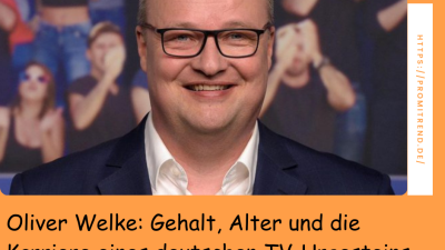 Ein Mann in einem Anzug steht vor einem unscharfen Hintergrund mit applaudierenden Menschen. Rechts ist eine vertikale Leiste mit der URL "https://promitrend.de/" zu sehen. Unten steht der Text: "Oliver Welke: Gehalt, Alter und die Karriere eines deutschen TV-Urgesteins".