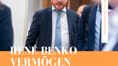 Ein unscharfes Bild eines Mannes im Anzug mit der Aufschrift "RENÉ BENKO VERMÖGEN" in großen weißen Buchstaben auf einem orangefarbenen Hintergrund unten. Rechts steht vertikal "HTTPS://PROMITREND.DE/".