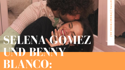 Zwei Personen umarmen sich, mit einem Text darüber: "Selena Gomez und Benny Blanco: Verlobt!"