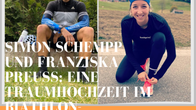 Zwei Sportler in Sportkleidung, einer sitzt auf einem Stein, der andere bindet seine Schuhe. Text: "Simon Schempp und Franziska Preuss: Eine Traumhochzeit im Biathlon-Universum".