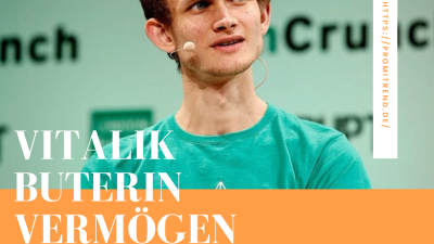 Ein Mann in einem grünen T-Shirt steht vor einer grünen Wand mit dem Text "TechCrunch". Der Text auf dem Bild lautet "Vitalik Buterin Vermögen" und ein Link "https://promitrend.de/".