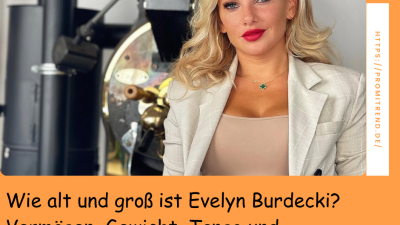 Eine Frau mit blondem Haar und einem beigen Oberteil trägt einen hellen Blazer. Im Hintergrund ist eine industrielle Maschine zu sehen. Der Text auf dem Bild fragt nach dem Alter und der Größe von Evelyn Burdecki sowie nach ihrem Vermögen, Gewicht, Tango und Schwangerschaft.