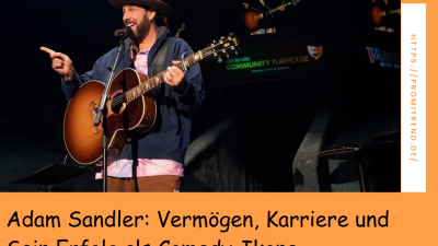 Ein Musiker mit Gitarre auf einer Bühne, im Hintergrund eine Leinwand mit seinem Bild und Text.