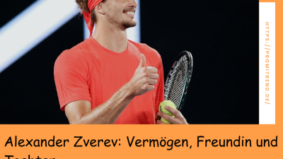 Ein Tennisspieler in rotem Shirt und Stirnband hält einen Tennisschläger und einen Tennisball. Im Vordergrund ist ein Suchfeld mit dem Text "Alexander Zverev: Vermögen, Freundin und Tochter" zu sehen.