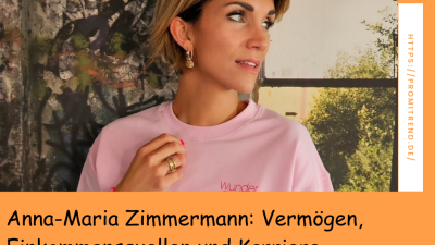 Person mit kurzen, blonden Haaren trägt ein rosa T-Shirt mit der Aufschrift "Wunder". Text: "Anna-Maria Zimmermann: Vermögen, Einkommensquellen und Karriere".