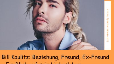 Ein Mann mit verschwommenem Gesicht und langen, blonden Haaren trägt ein blaues Hemd. Der Text darunter lautet: "Bill Kaulitz: Beziehung, Freund, Ex-Freund - Ein Blick auf sein Liebesleben".