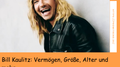 Eine Person mit langen blonden Haaren und einer schwarzen Lederjacke, deren Gesicht unscharf gemacht wurde. Rechts ist eine Webseite mit der URL "https://promitrend.de/" zu sehen. Unten steht der Text: "Bill Kaulitz: Vermögen, Größe, Alter und mehr".