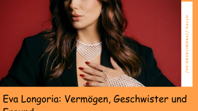 Eine Frau mit verdecktem Gesicht trägt ein schwarzes Outfit und eine auffällige Halskette. Der Hintergrund ist rot. Der Text auf dem Bild lautet: "Eva Longoria: Vermögen, Geschwister und Freund".