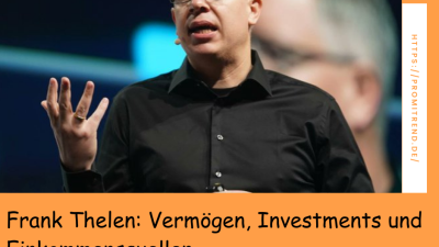 Person in schwarzem Hemd hebt Hand. Text: "Frank Thelen: Vermögen, Investments und Einkommensquellen". Webseite: "https://promitrend.de/".