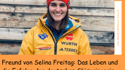 Eine Person in einer gelben Jacke mit verschiedenen Logos, darunter Würth und Adidas Terrex, steht vor einer Holzwand. Der Text auf dem Bild lautet: "Freund von Selina Freitag: Das Leben und die Erfolge der deutschen Skispringerin".