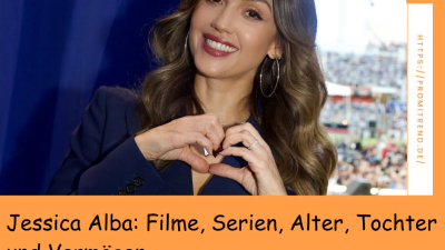 Eine Person mit langen, welligen Haaren formt ein Herz mit den Händen. Der Text lautet: "Jessica Alba: Filme, Serien, Alter, Tochter und Vermögen".