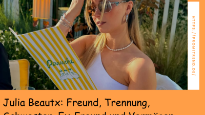 Eine Person hält ein gelb-weiß gestreiftes Menü mit der Aufschrift "Peruche" in der Hand. Im Hintergrund sind Pflanzen und eine Lampe zu sehen. Auf dem Bild steht der Text: "Julia Beautx: Freund, Trennung, Schwester, Ex-Freund und Vermögen".