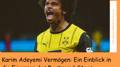 Ein Fußballspieler im gelben Trikot von Borussia Dortmund mit der Aufschrift "BVB 09". Text: "Karim Adeyemi Vermögen: Ein Einblick in die Finanzen des Dortmund-Stars".