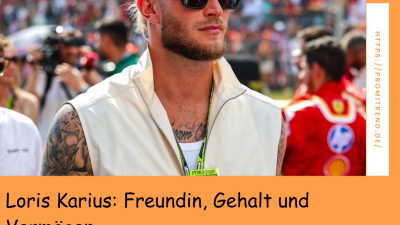 Ein Mann mit Sonnenbrille und Tattoos steht in einem belebten Außenbereich. Im Hintergrund sind Menschen und bunte Kleidung zu sehen. Auf dem Bild steht der Text "Loris Karius: Freundin, Gehalt und Vermögen".