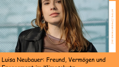 Eine Person mit verdecktem Gesicht trägt eine schwarze Jacke und eine goldene Kette. Der Hintergrund ist blau mit einem Muster. Auf dem Bild steht: "Luisa Neubauer: Freund, Vermögen und Engagement im Klimaschutz". Rechts ist eine URL zu sehen: "https://promitrend.de/".