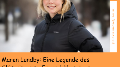 Eine Person in einer schwarzen Tretorn-Jacke steht draußen im Schnee. Der Text auf dem Bild lautet: "Maren Lundby: Eine Legende des Skispringens – Freund, Vermögen, Werdegang".