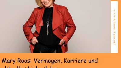 Person in roter Jacke mit verdecktem Gesicht, Text: "Mary Roos: Vermögen, Karriere und aktuelles Liebesleben", Webseite: https://promitrend.de/