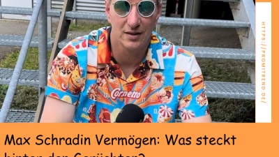 Eine Person mit einem bunten Hemd, das mit Cornetto-Eiscreme-Motiven bedruckt ist, sitzt vor einer Metalltreppe. Der Text auf dem Bild lautet: "Max Schradin Vermögen: Was steckt hinter den Gerüchten?" Rechts im Bild ist eine vertikale Leiste mit der URL "https://promitrend.de/".